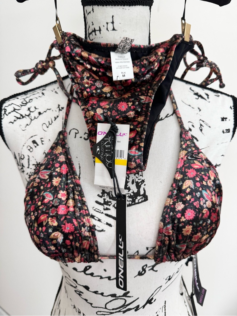 O'Neill Women's Floral Bikini Top - Black with multi colored flowers